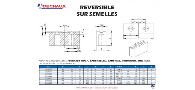 Reversible sur semelles pour mandrins Forkardt type f/Gamet delta/Gamet mx/Rohm duro/Smw kncs