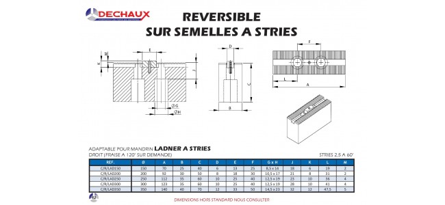 Reversible sur semelles a sties pour mandrins Ladner a stries